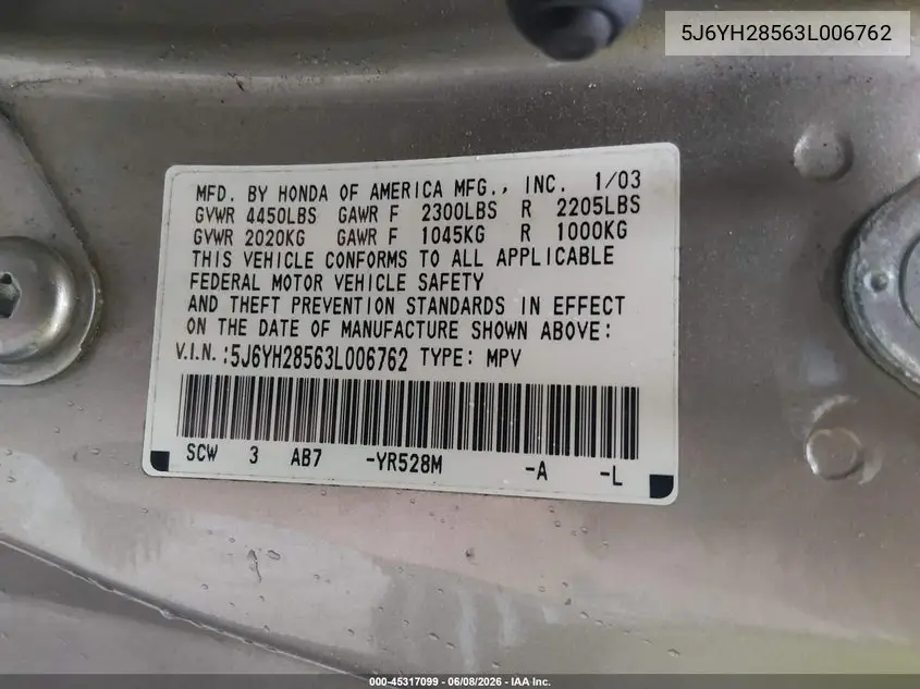 2003 Honda Element Ex VIN: 5J6YH28563L006762 Lot: 45317099
