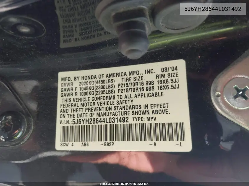 2004 Honda Element Ex VIN: 5J6YH28644L031492 Lot: 45485680