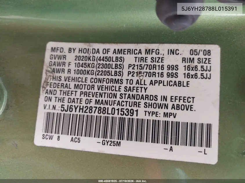 2008 Honda Element Ex VIN: 5J6YH28788L015391 Lot: 45581925