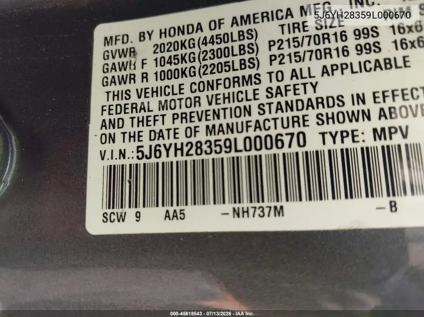 2009 Honda Element Lx VIN: 5J6YH28359L000670 Lot: 45618543