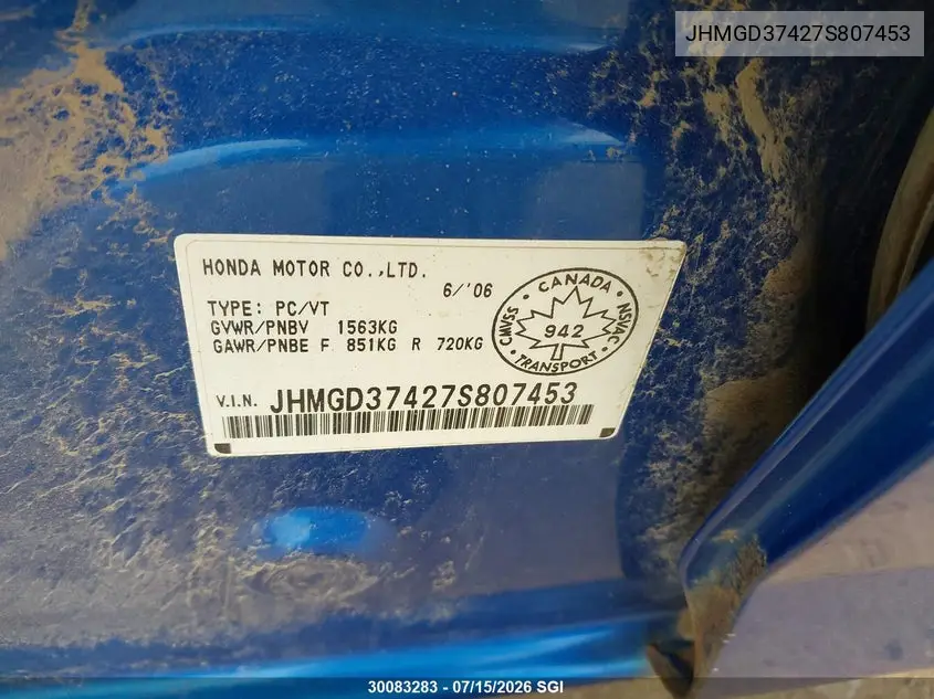 2007 Honda Fit VIN: JHMGD37427S807453 Lot: 30083283