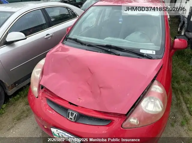 2008 Honda Fit Lx VIN: JHMGD37418S802696 Lot: 20265802