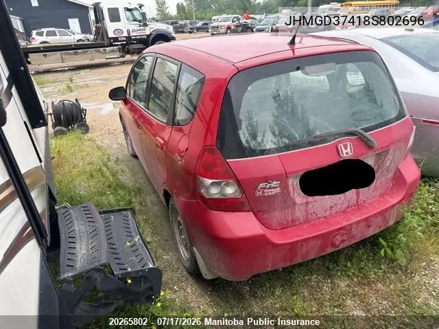 2008 Honda Fit Lx VIN: JHMGD37418S802696 Lot: 20265802