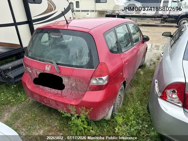 2008 Honda Fit Lx VIN: JHMGD37418S802696 Lot: 20265802