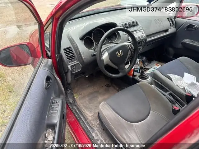 2008 Honda Fit Lx VIN: JHMGD37418S802696 Lot: 20265802