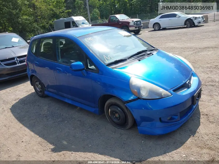 2008 Honda Fit Sport VIN: JHMGD38648S036981 Lot: 45618341