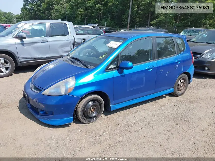 2008 Honda Fit Sport VIN: JHMGD38648S036981 Lot: 45618341