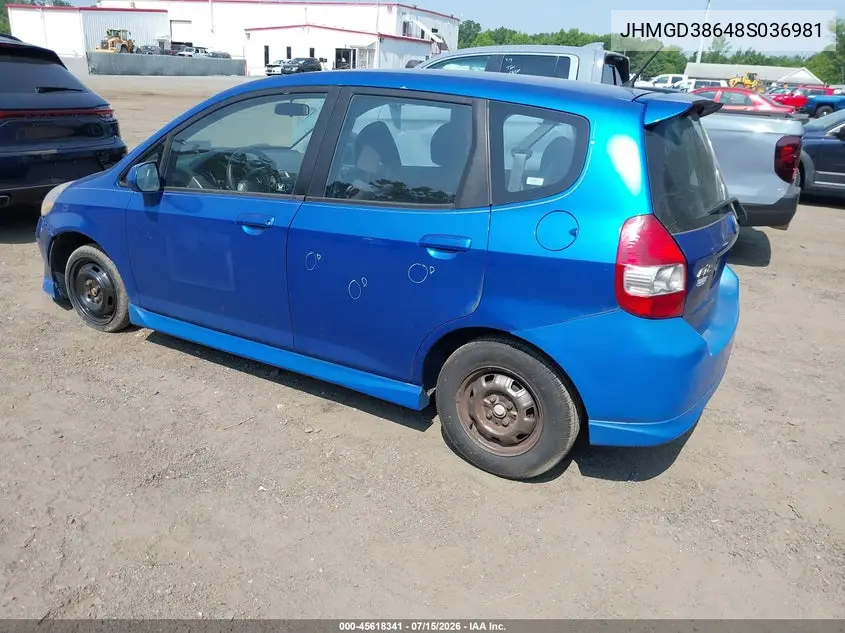 2008 Honda Fit Sport VIN: JHMGD38648S036981 Lot: 45618341