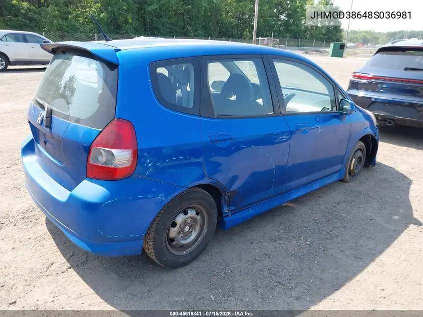 2008 Honda Fit Sport VIN: JHMGD38648S036981 Lot: 45618341
