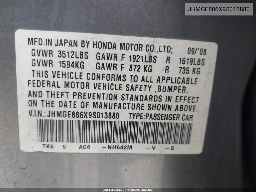 2009 Honda Fit Sport VIN: JHMGE886X9S013880 Lot: 45595015
