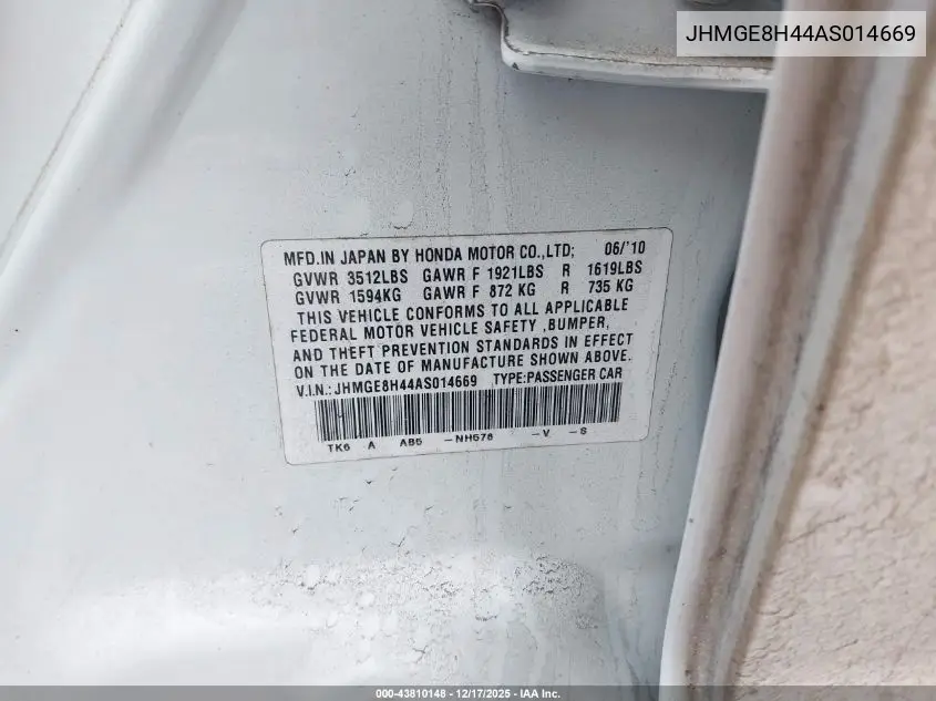 JHMGE8H44AS014669 2010 Honda Fit Sport