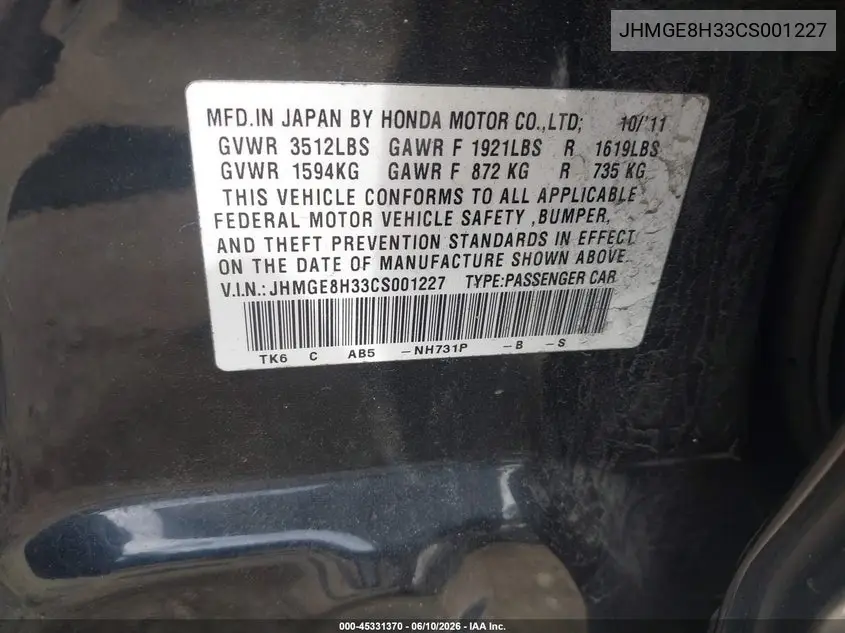 JHMGE8H33CS001227 2012 Honda Fit