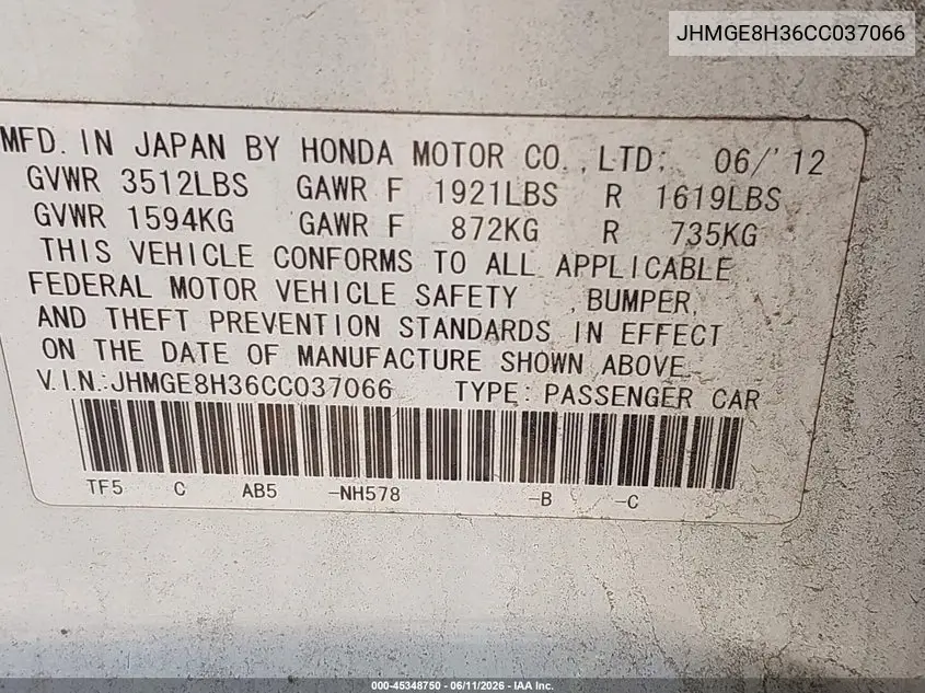 2012 Honda Fit VIN: JHMGE8H36CC037066 Lot: 45348750