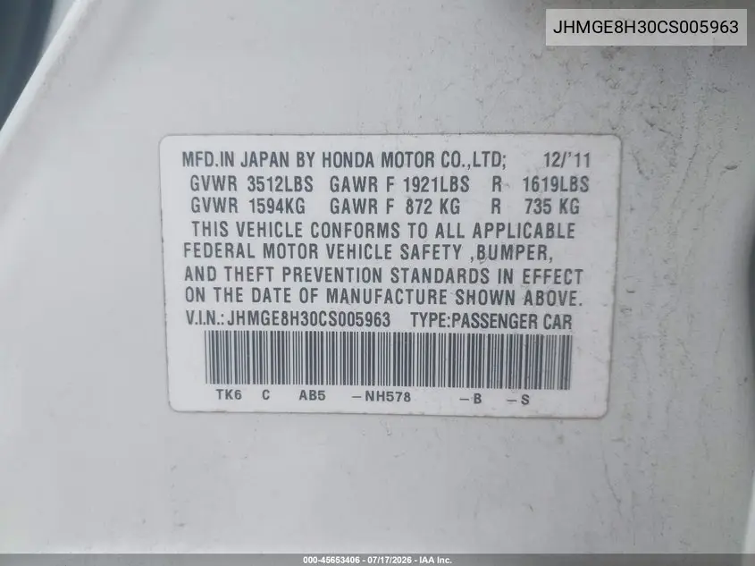 2012 Honda Fit VIN: JHMGE8H30CS005963 Lot: 45653406