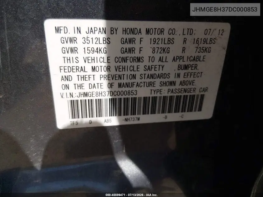 2013 Honda Fit VIN: JHMGE8H37DC000853 Lot: 45599471