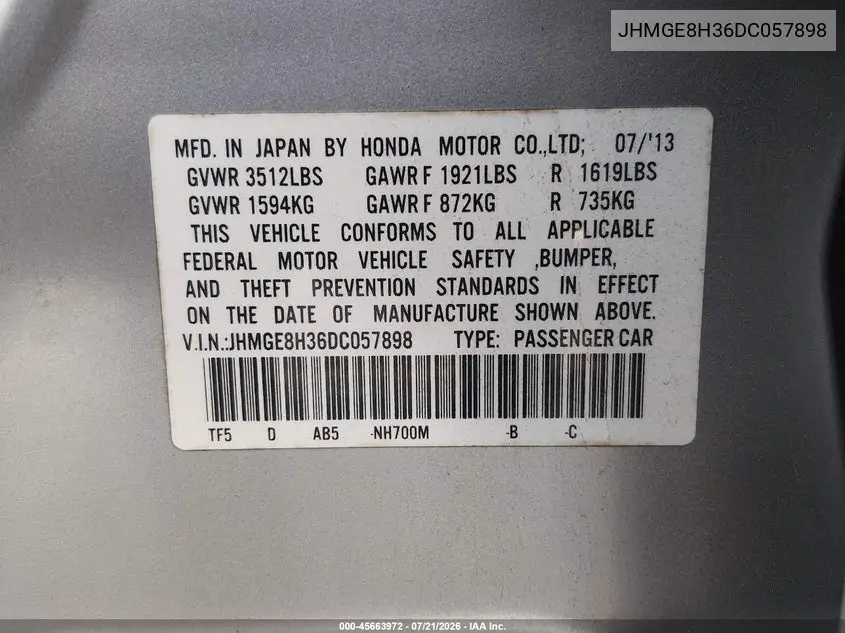 2013 Honda Fit VIN: JHMGE8H36DC057898 Lot: 45663972