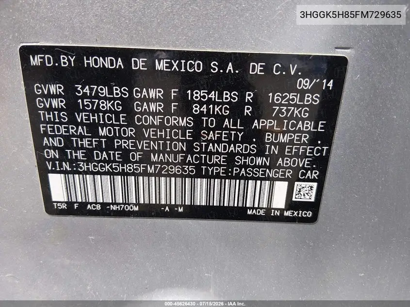 2015 Honda Fit Ex/Ex-L VIN: 3HGGK5H85FM729635 Lot: 45626430