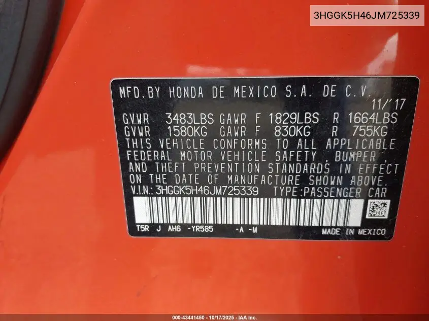 3HGGK5H46JM725339 2018 Honda Fit Lx