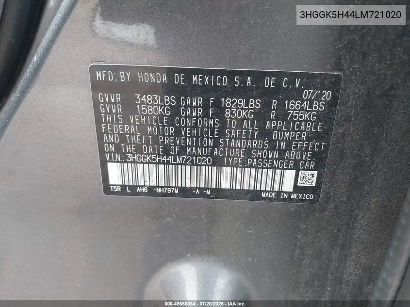 2020 Honda Fit Lx VIN: 3HGGK5H44LM721020 Lot: 45668864