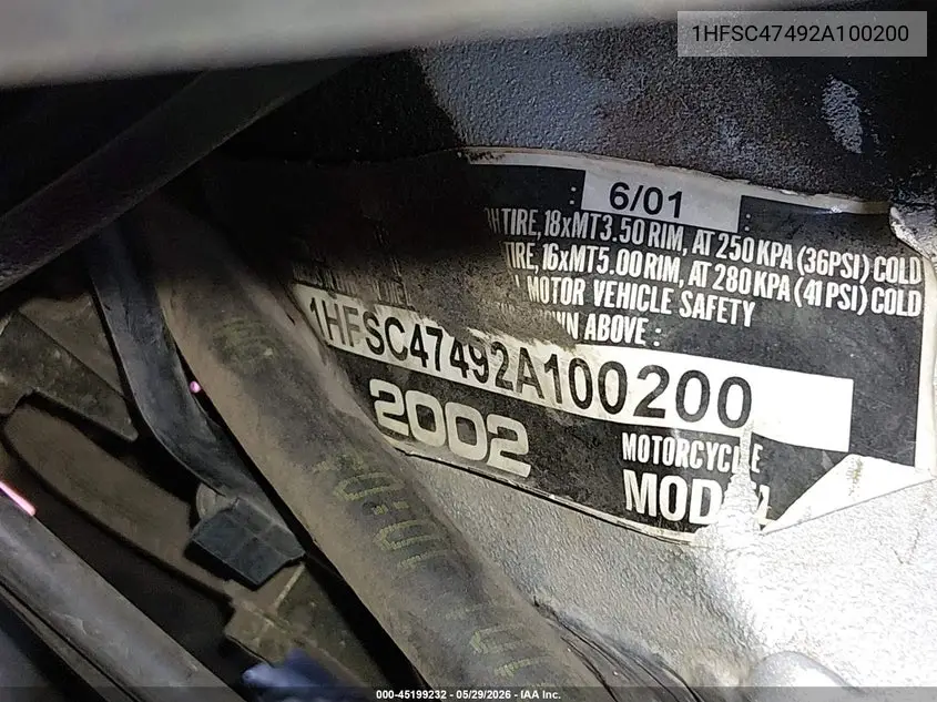 2002 Honda Gl1800 A VIN: 1HFSC47492A100200 Lot: 45199232