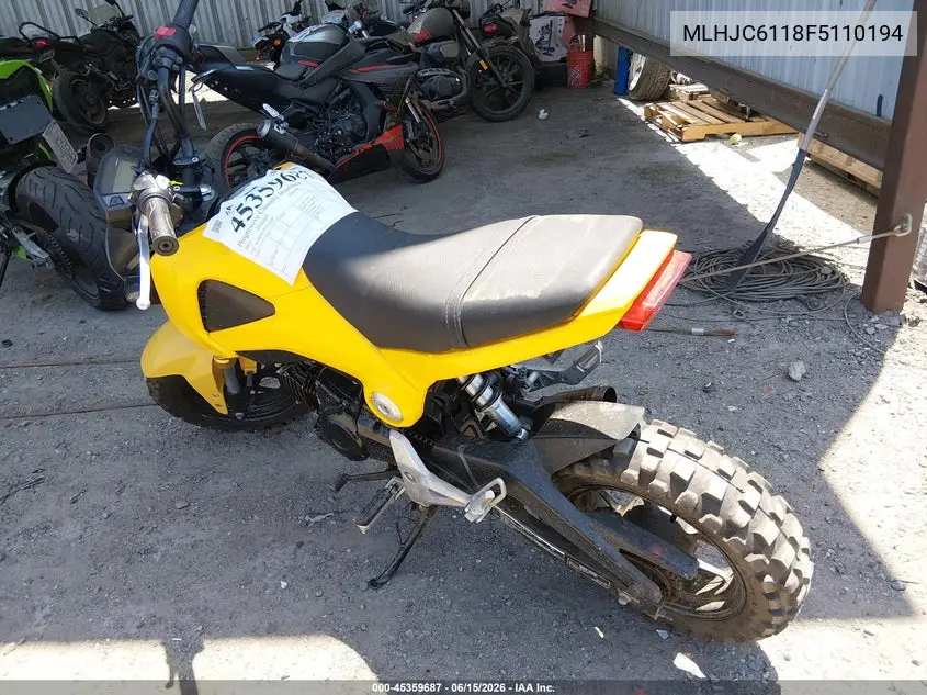 2015 Honda Grom 125 VIN: MLHJC6118F5110194 Lot: 45359687