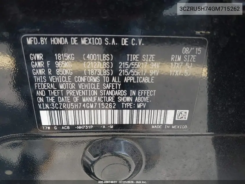 2016 Honda Hr-V Ex-L VIN: 3CZRU5H74GM715262 Lot: 45674623