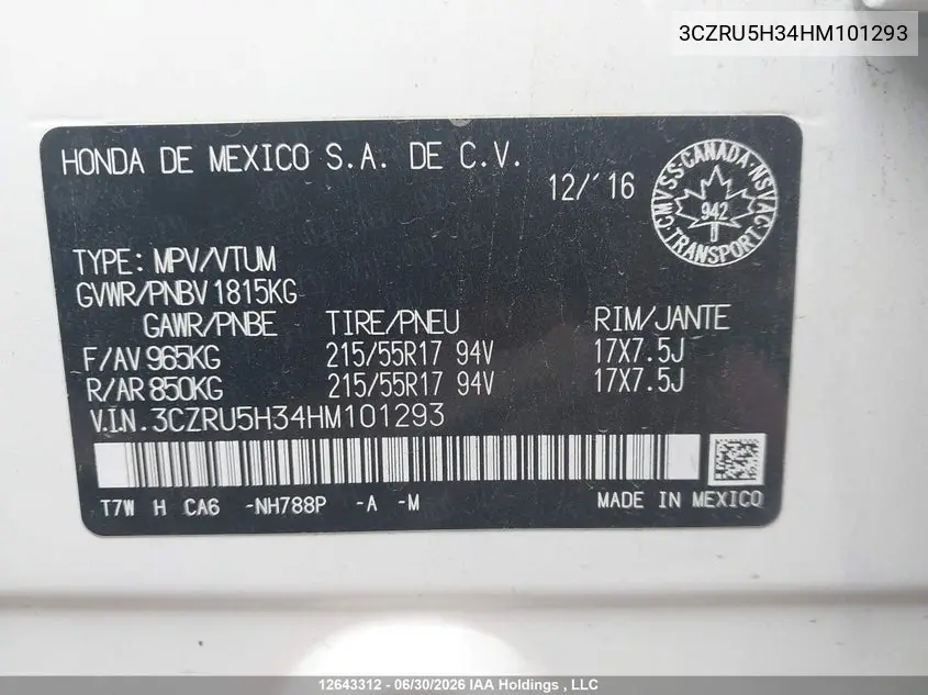 2017 Honda Hr-V VIN: 3CZRU5H34HM101293 Lot: 12643312