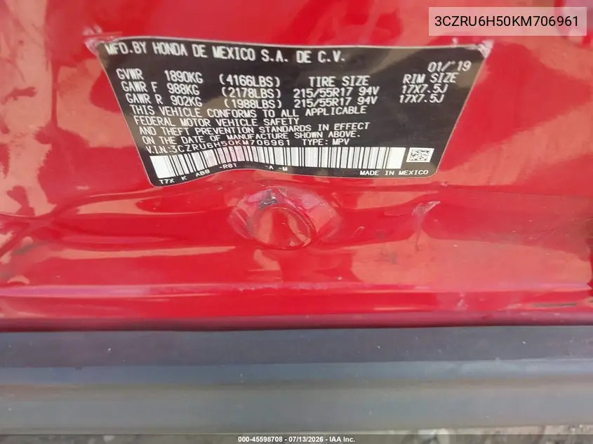 2019 Honda Hr-V Ex VIN: 3CZRU6H50KM706961 Lot: 45598708