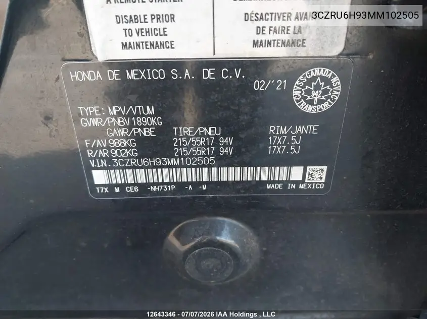 2021 Honda Hr-V VIN: 3CZRU6H93MM102505 Lot: 12643346