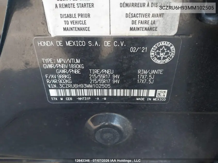 2021 Honda Hr-V VIN: 3CZRU6H93MM102505 Lot: 12643346