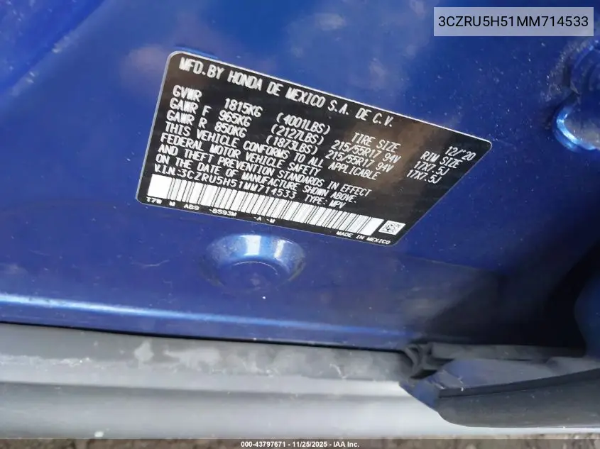 3CZRU5H51MM714533 2021 Honda Hr-V 2Wd Ex