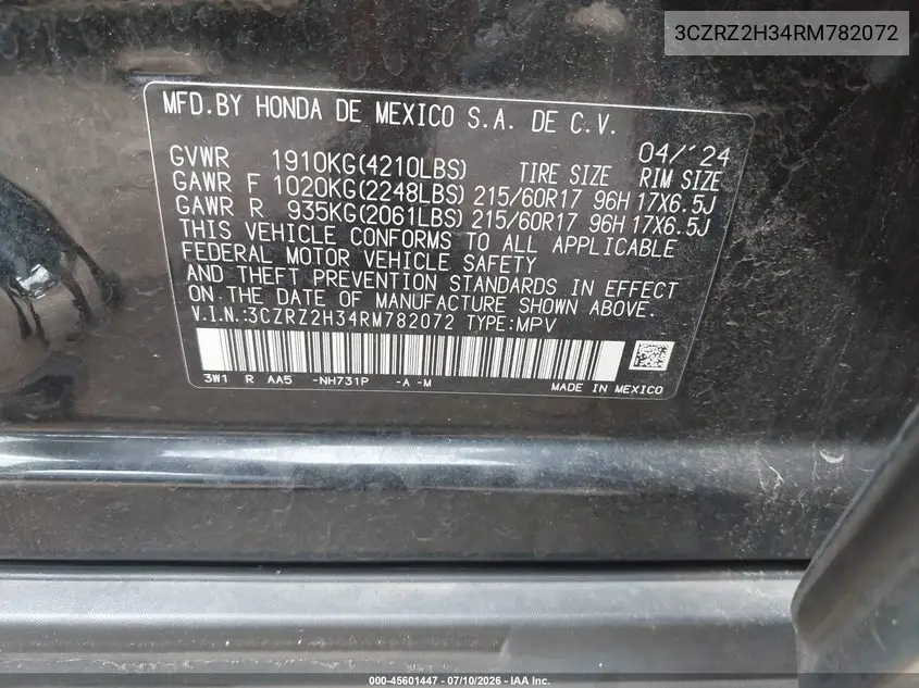 2024 Honda Hr-V Awd Lx VIN: 3CZRZ2H34RM782072 Lot: 45601447