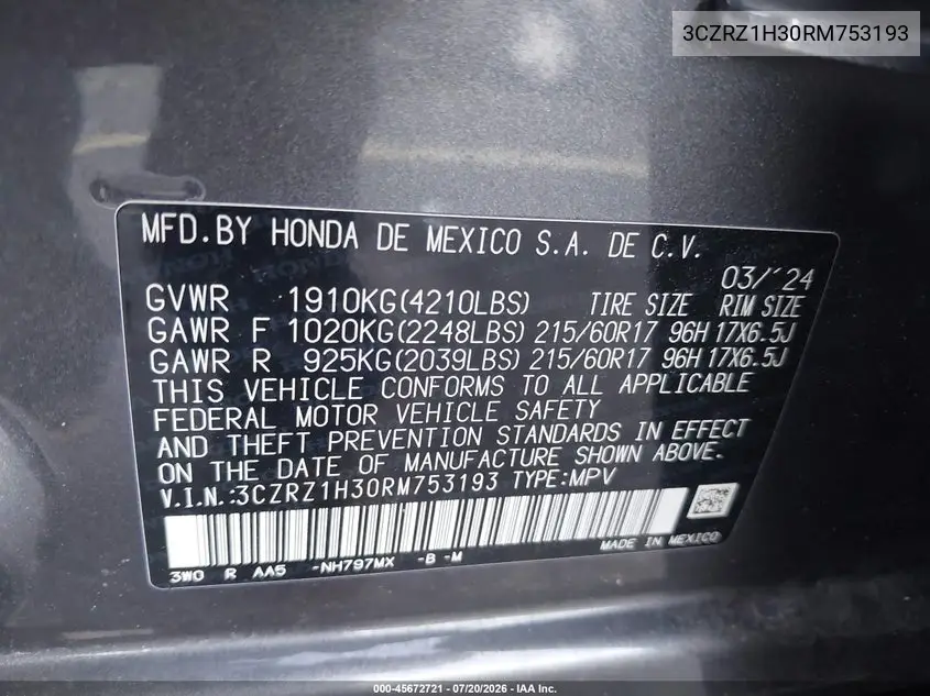 2024 Honda Hr-V 2Wd Lx VIN: 3CZRZ1H30RM753193 Lot: 45672721