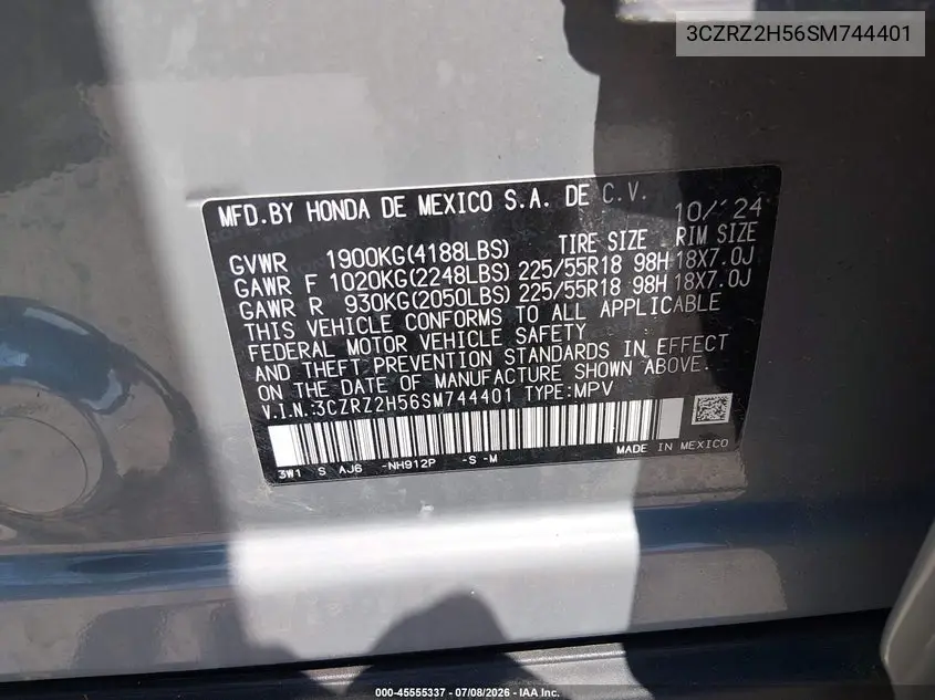 2025 Honda Hr-V Awd Sport VIN: 3CZRZ2H56SM744401 Lot: 45555337