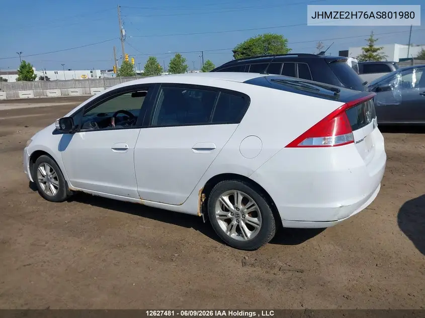 2010 Honda Insight Ex VIN: JHMZE2H76AS801980 Lot: 12627481