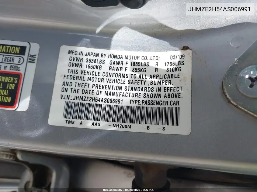 2010 Honda Insight Lx VIN: JHMZE2H54AS006991 Lot: 45230507