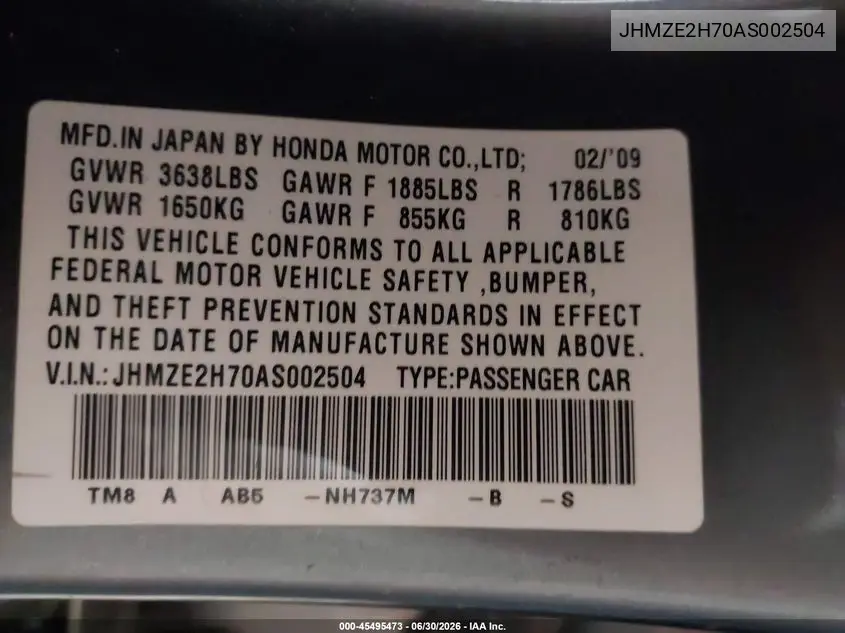 2010 Honda Insight Ex VIN: JHMZE2H70AS002504 Lot: 45495473
