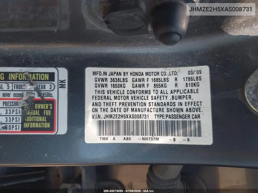 2010 Honda Insight Lx VIN: JHMZE2H5XAS008731 Lot: 45575089