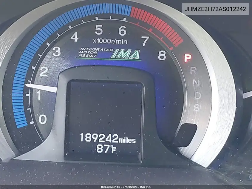 2010 Honda Insight Ex VIN: JHMZE2H72AS012242 Lot: 45588140