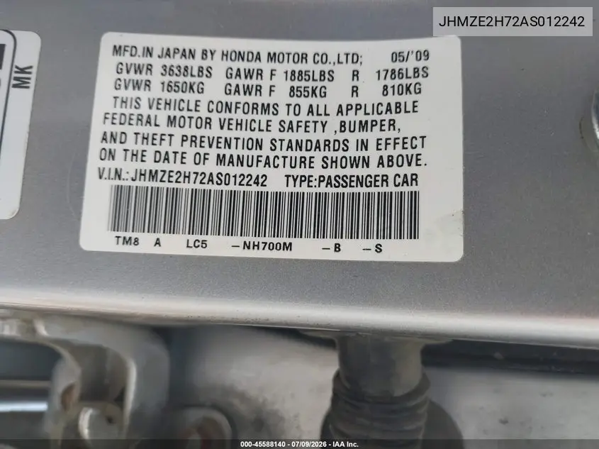 2010 Honda Insight Ex VIN: JHMZE2H72AS012242 Lot: 45588140