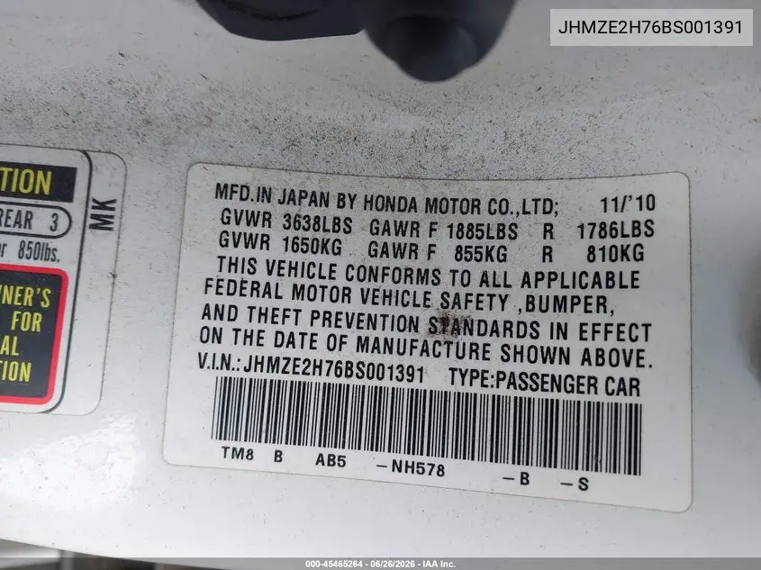 2011 Honda Insight Ex VIN: JHMZE2H76BS001391 Lot: 45465264
