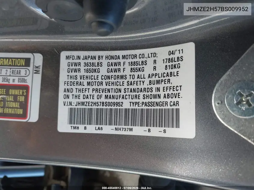2011 Honda Insight Lx VIN: JHMZE2H57BS009952 Lot: 45540812