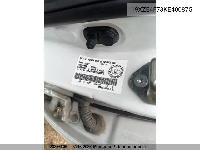 2019 Honda Insight Touring VIN: 19XZE4F73KE400875 Lot: 20266806