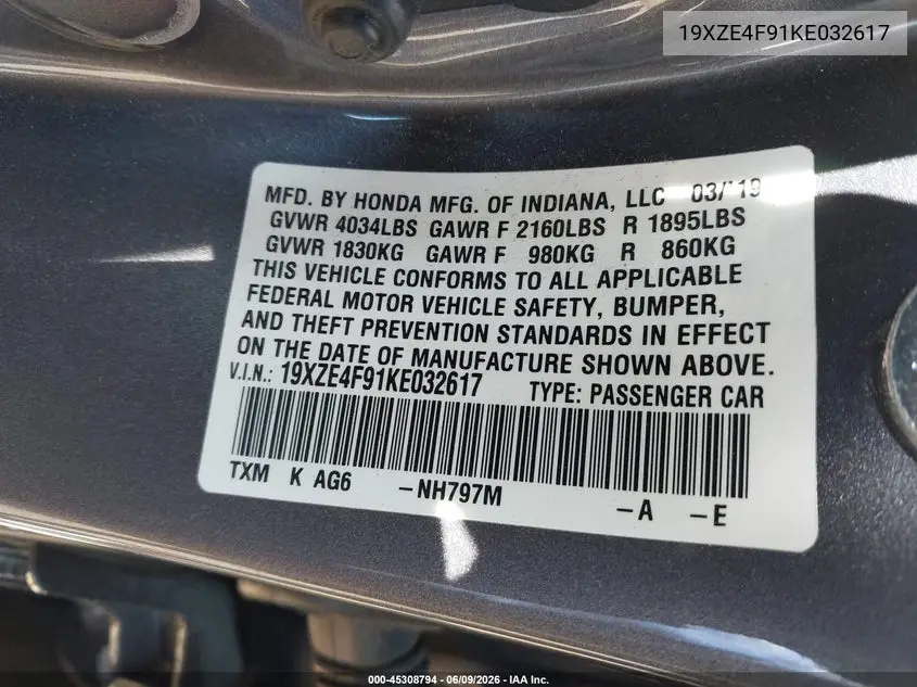 2019 Honda Insight Touring VIN: 19XZE4F91KE032617 Lot: 45308794