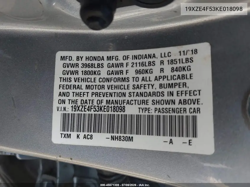 2019 Honda Insight Ex VIN: 19XZE4F53KE018098 Lot: 45571308