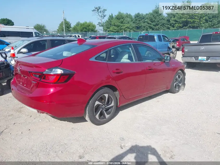 2021 Honda Insight Ex VIN: 19XZE4F57ME005387 Lot: 45500501