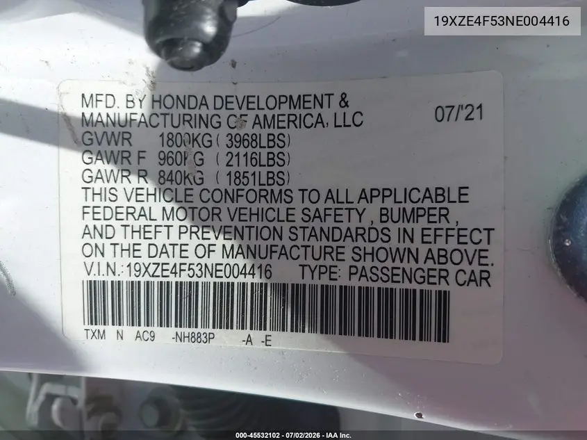 2022 Honda Insight Ex VIN: 19XZE4F53NE004416 Lot: 45532102