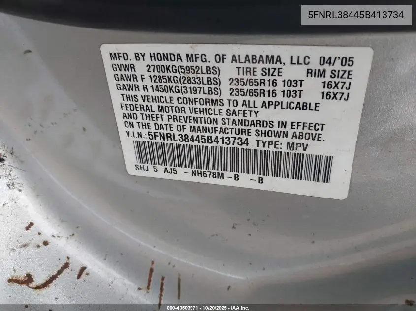 5FNRL38445B413734 2005 Honda Odyssey Ex