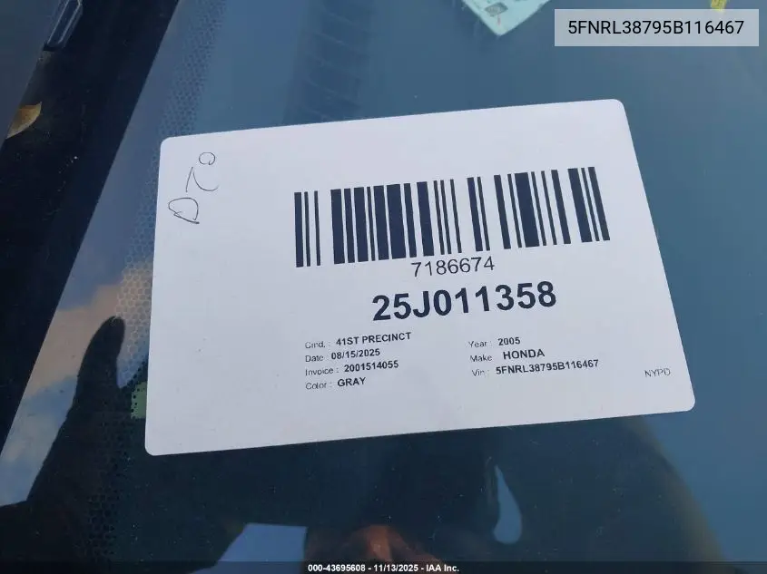 5FNRL38795B116467 2005 Honda Odyssey Ex-L