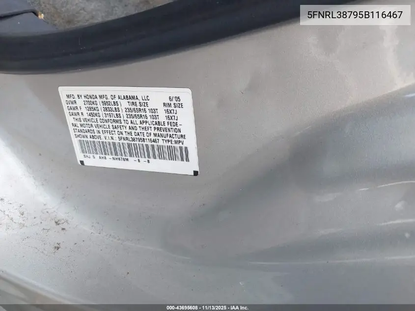 5FNRL38795B116467 2005 Honda Odyssey Ex-L